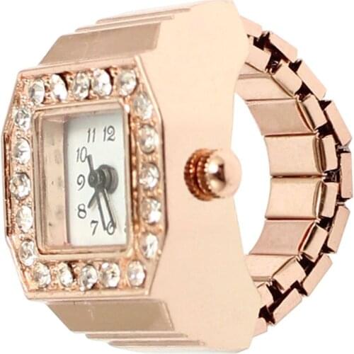YCYS-Square Dial Crystal Decor Elastic Finger Ring Watch Copper Tone for Lady