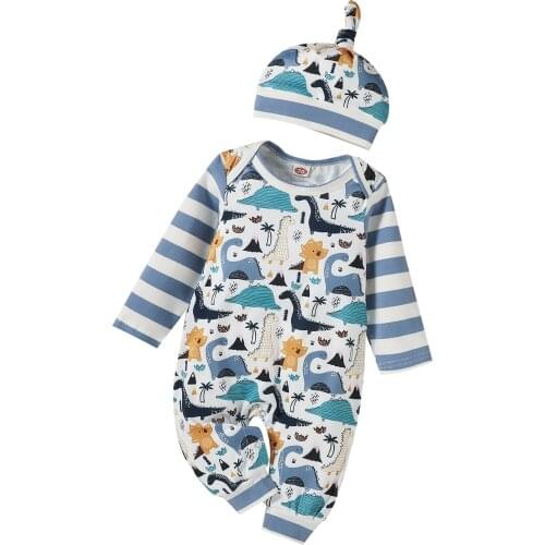 Kids Baby Romper 2Pcs Baby Clothes Stripe And Dinosaur Printed Pattern Long Sleeve Romper Cap Cotton Clothings Set For 0-24M