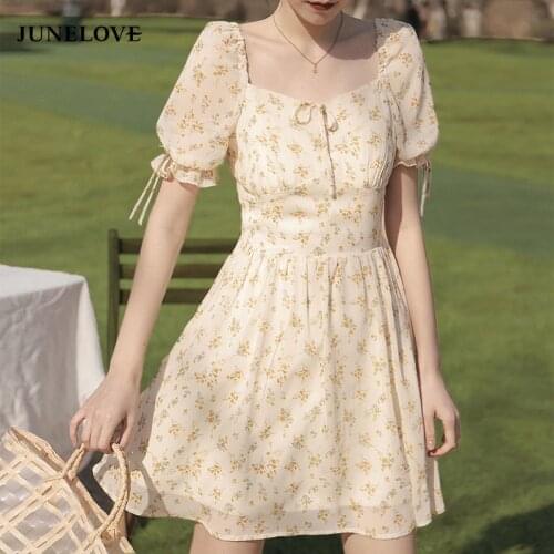 JuneLove 2021 French Vintage Boho Dress Women Party Mini Elegant Dresses Summer Beach Short Sleeve Sweet Floral Dress Romantic