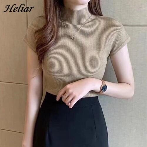 HELIAR Women Summer Knitted T-shirts Plain O-Neck Solid Tops Women Short Sleeve Harajuku Solid T-shirts Casual Tees For Women
