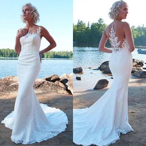 Delicate Sheer Jewel Neckline Mermaid Wedding Dress Lace Appliques Beaded Custom Made Vestidos De Noiva 2019 Bridal Gowns