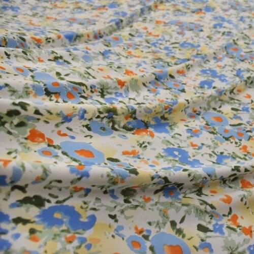 Korean Silk Chiffon Fabric Fresh Light Blue Watercolor Oil Painting Abstract Flower Printing Dress Shirt Handmade DIY Fabric