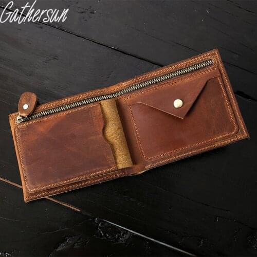 Leather Billfold Wallet with Coin Pocket Men Short Crazy Horse Leather Zipper Wallet with Photo Holder