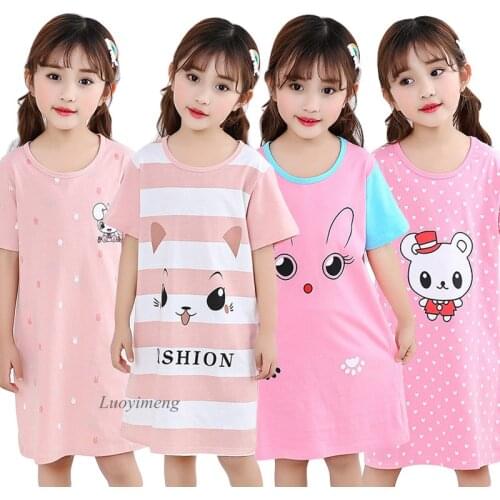 Summer Girls Night Dress Kids Pajamas Cotton Girls Unicorn Nightgowns Short-sleeves Children Sleepwear Cartoon Teenages Clothes