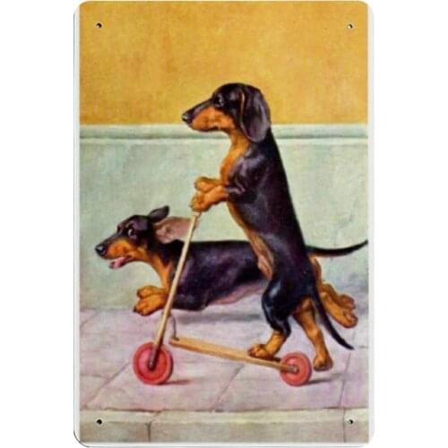 Dachshund On Scooter Retro Metal Tin Signs Funny Garage Plaque Wall Decoration for Bars Restaurants Cafes Pubs 8 × 12