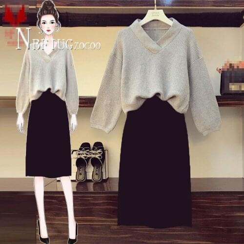 2020 Plus Size Women Sets V Neck Knitting Sweater And Slim Skirt Female Sets