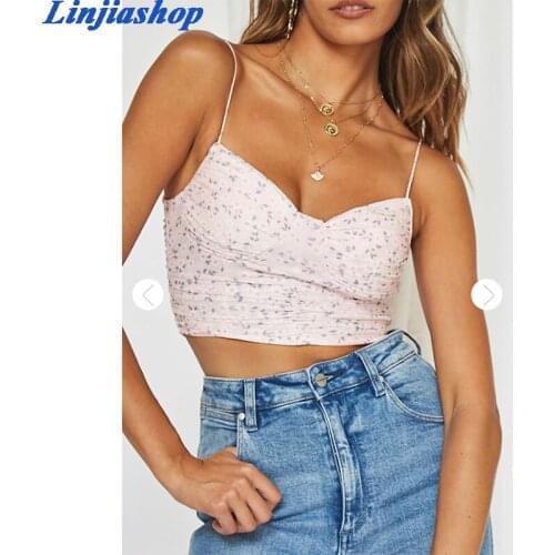 Fashion chic crop top pink print camis chiffon backless zipper high quality summer women tops vestidos dropshipping