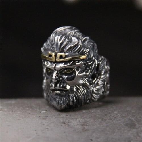 Retro Thai Silver Monkey King King Kong S925 Sterling Silver Mens Personality Open Ended Ring Fighting