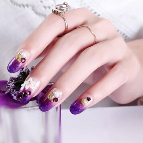 24pcs Natural Flower Carved Long Size Fake Nails Purple Color False Nails Women New Fashion Nail Art Tips with 2g glue Glue