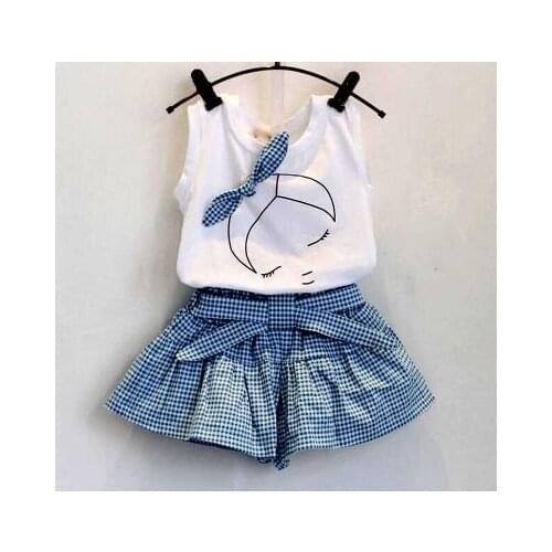 New trend fashion round neck sleeveless girl suit houndstooth printing bow blue stripe lattice small fresh female baby cotton su