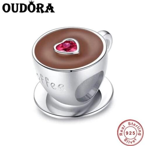Fit Original Pandora Bracelet Charms 925 Sterling Silver Coffee Cup Charm With Red Heart Bead DIY Jewelry Women Berloque