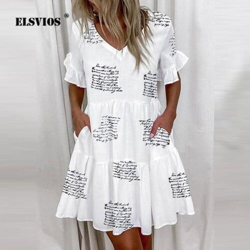 Casual Fashion Short Printing Flounced Edge Dress Elegant Womens Pocket Sexy Gentle V-Neck Ruffled Sleeve Summer Loose Vestidos