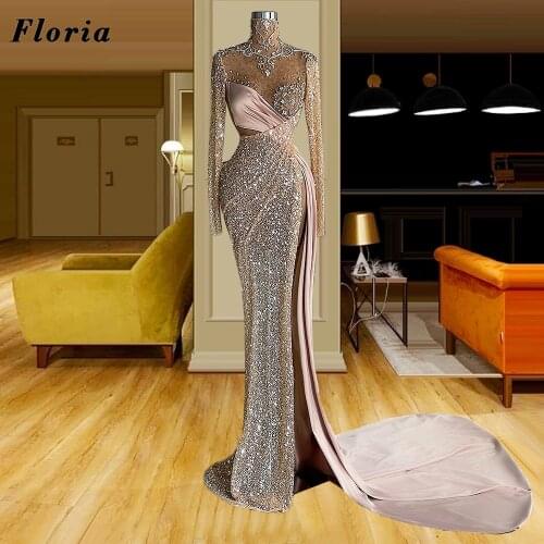 High Neck Full Sliver Beading Evening Dresses Robes Plus Size Dubai Party Gowns Muslim Middle East Celebrity Dresses Prom Dress