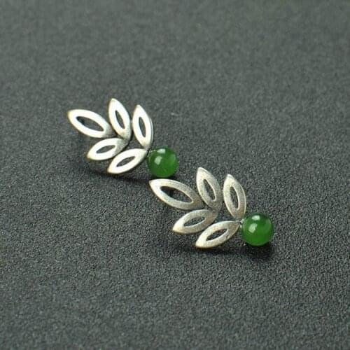 Natural round green jasper 925 silver color hollow Leaf Earrings Fashion emerald chalcedony leaves Earrings Bridal Jewelry Gift