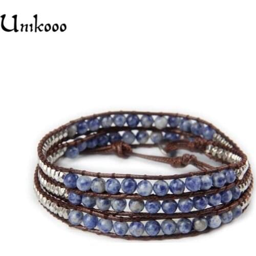 Unique Natural Blue Stone with Silver plated CCB Beads 4 Strands Wrap Bracelets Handmade Bohemian Weaving Bracelet Dropshipping