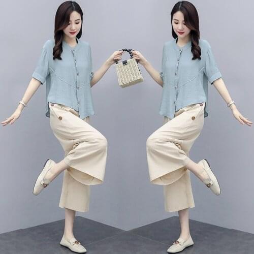 High Quality Cotton Linen Pant Sets Women Tracksuit Pullovers Elastic Waist Knee-length Pants Two Piece Suit Casual Streetwear