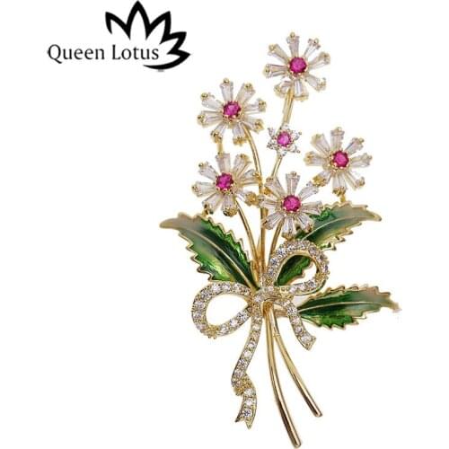 Queen Lotus New Luxury High Quality Flower Brooches for Women AAA Zircon Jewelry Crystal Brooch and Pins For Christmas Gift