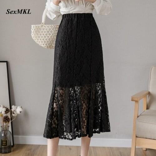 S-XXL Women Black Lace Skirts 2020 Korean Style Fashion High Waist A Line Skirt Winter Clothes Elegant Sexy Long Office Skirt