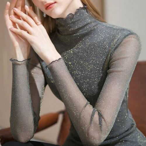 Turtleneck Grenadine Female Autumn and Winter Long Sleeve T-shirt Shiny Top