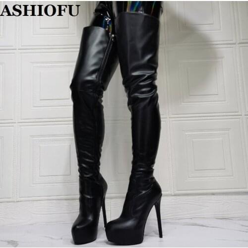 ASHIOFU Handmade New Ladies Over Knee Boots Sexy Night-club Party Prom Platform Thigh High Boots Evening Fashin Winter Boots
