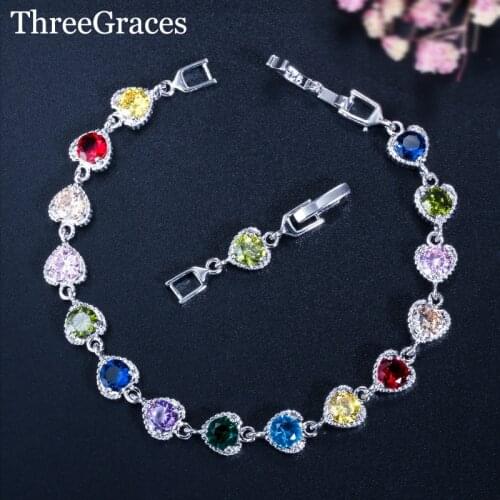 ThreeGraces Zircon New CZ Jewelry Multicolored Crystal Heart Shape Cubic Zirconia Crystal Charm Chain Bracelets For Women BR063