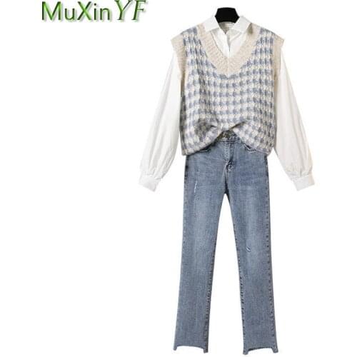 2021 Spring Autumn Women 3 Pcs Clothing Set Korean Causal Student White Shirts+Sweater Vest+Denim Pants Lady All-match Outfits