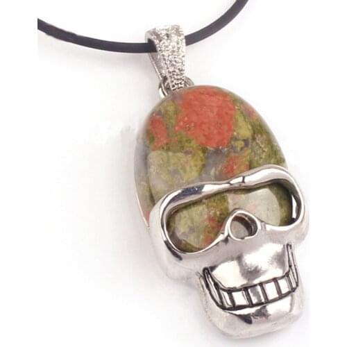 100-Unique 1 Pcs Hyperbole Style Silver Plated Skull Head Shape Unakite Stone Pendant for Halloween Gift