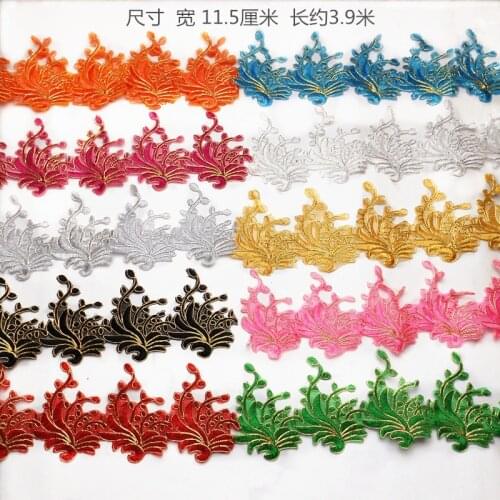 4Yards/lot Hot-fix Iron on Embroidery Gold Silver Orange Green Wedding Dress Lace Applique Gold Lace Trim Accessories 11.5cm