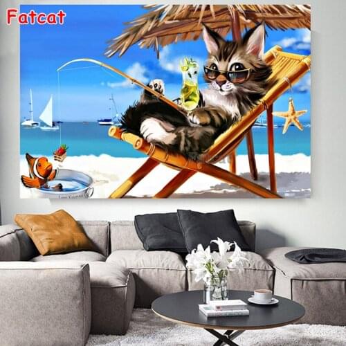 5D DIY Diamond Painting Cat Sea Beach Fishing Full Square Round Drill Mosaic Diamond Embroidery Rhinestones Decor Home PP1769