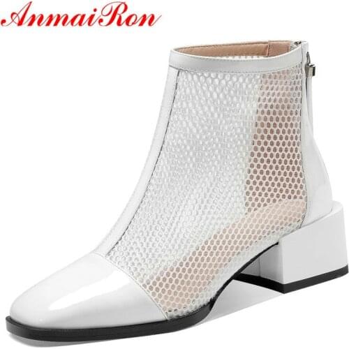 ANMAIRON 2020 Spring/Autumn Ankle Boots Patchwork Square Heel Leather Boots Women Mesh Round Toe Zip Patent Leather Women Shoes