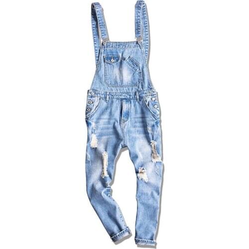 Mens casual Loose Work Clothes Extra Large 5XL Denim Overalls huge pants piece Denim jumper pants Hole Nine pants suspenders
