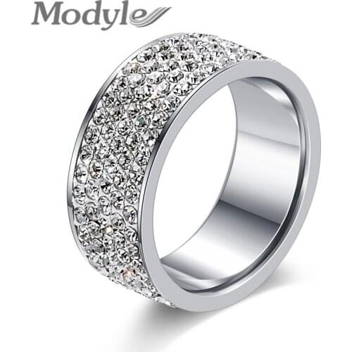 Modyle New Fashion 5 Row Lines Clear Crystal Jewelry for Women Stainless Steel Engagement Rings