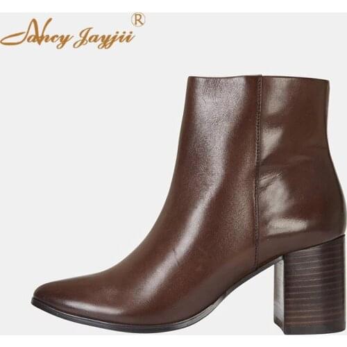Brown Women Adult Boots Solid Patent Leather Ankle zipper Pointed Toe Super High Square heels Sexy Mature Concise 2019 Casual