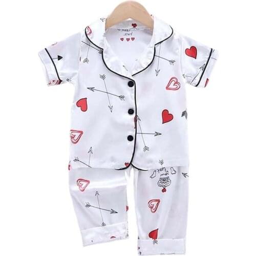 Baby Girl Pajamas Set Childrens Suit Kids Clothes Toddler Ice Silk Satin Short Sleeve Tops+Pants Set Home Wear 2Pcs