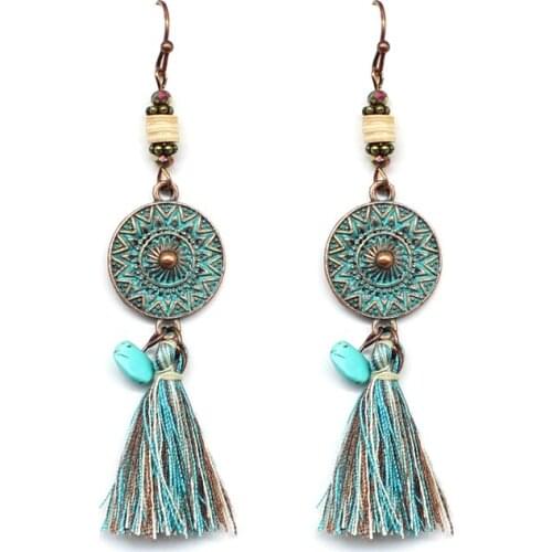 Retro National Fringe Earrings Sun Pattern Stone Color Tassel Earring Bohemian Exotic Romantic Charm Women Accessories Jewelry