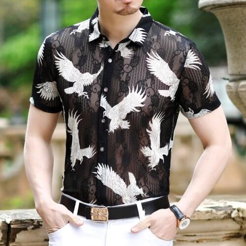 Embroidery Shirt Summer Designer Shirt Short Sleeve Slim Fit Shirt Mannen Kleding Sexy Transparent Shirt Men Velvet Shirt Club