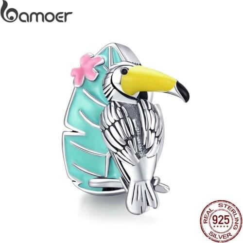 Bamoer Summer Holiday Series Vibrant Toucan Charm for Original Bracelet 925 Silver Enamel Bird Charm DIY Jewelry SCC1531