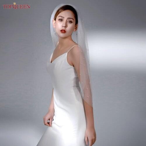 TOPQUEEN V05 Pearls Wedding Veils with Comb Beaded Wedding Accessories 3M Cathedral for the Bride Luxury Wedding Veil 2021