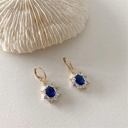 Korean Blue Zirconia Flower Dangle Earrings For Women Shiny Cubic Zircon Gold Color Earring Wedding Jewelry