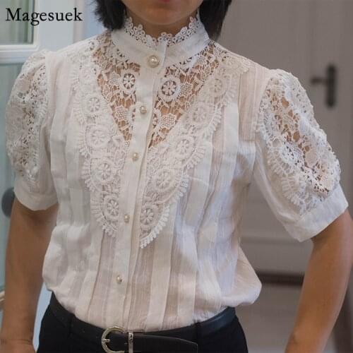 New Hollow Out Flower Lace Patchwork Shirt Summer Lace Blouse Women Short Sleeve Stand Collar Femme Blusas Button Up White Tops