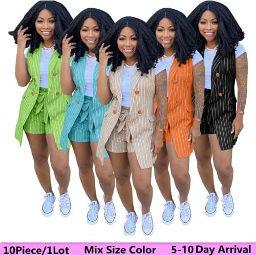 S-3xl Mix Size and Color Bulk Items Wholesale Lots Two Piece Set Women Striped Suit Vest Jacket Shorts Sets 5-10 Day Arrival