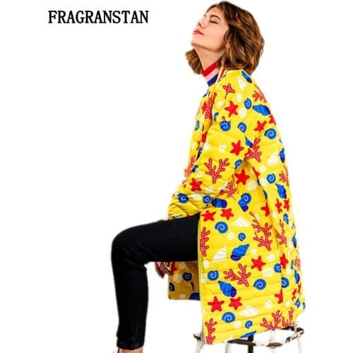 Female 2018 Autumn Winter Keep Warm Stand Collar Down Jacket Lady Casual Fashion Pattern Printed High Quality Loose Parkas JQ445