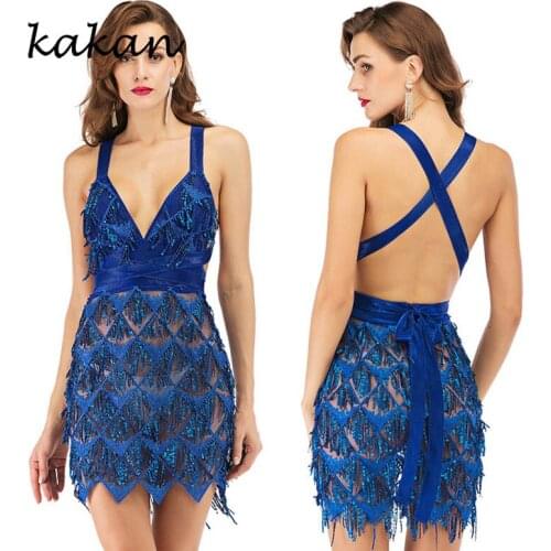 Kakan summer new tassel sequin dress hot womens sexy backless deep V-neck dress sexy club party dress