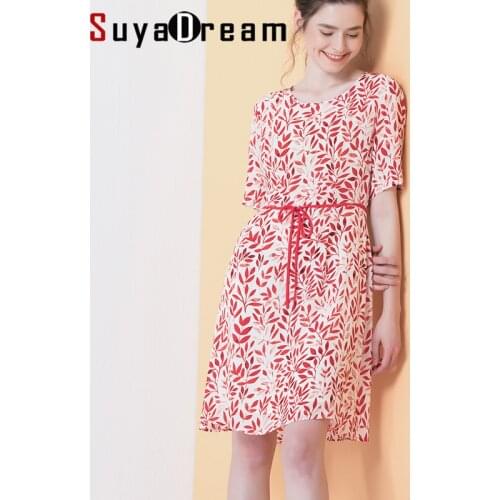 Women Silk Dress 100%Real Silk Crepe Printed Mini Dresses for Women O Neck Mini Length Silk Dress 2019 Summer New Red