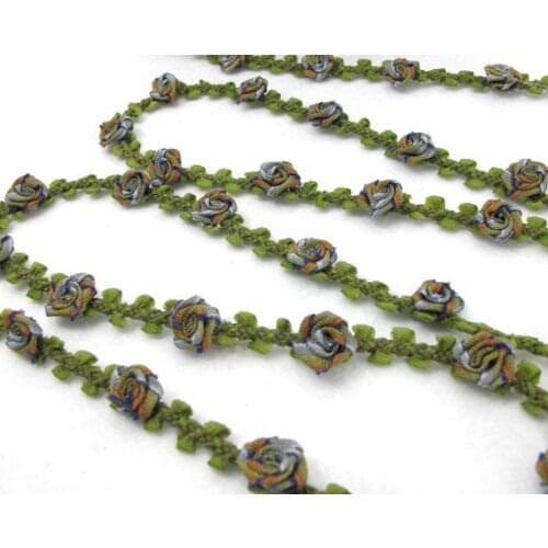 2 Yards Woven Rococo Ribbon Trim with Green Nylon Rose Flower Buds|Decorative Floral Ribbon|Scrapbook Materials|Decor