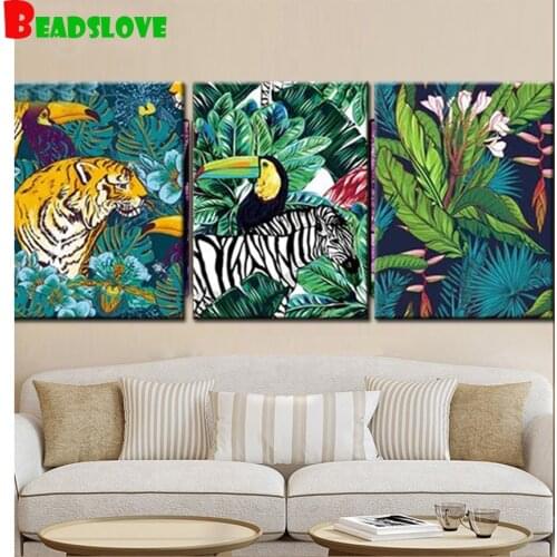 Tiger, zebra and bird Diamond Embroidery Landscape 5D DIY Diamond Painting plant Mosaic cross stitch 3 piece modern decor gift