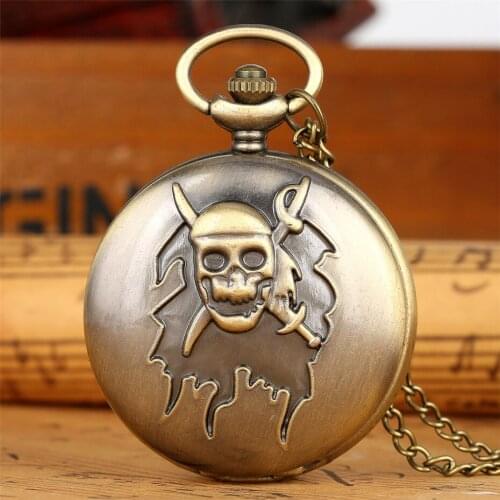 Pirate Skull Bone Design Quartz Pocket Watch With Necklace Chain Steampunk Pendant Clock for Men Women