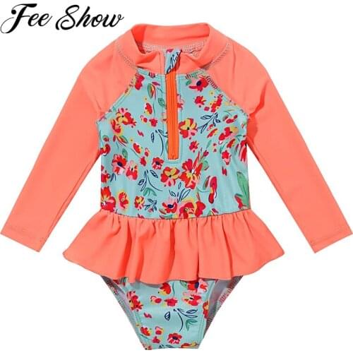 Infant Baby One-piece Swimwear for Girls Round Neck Long Sleeve Floral Front Zipper Closure Ruffle Hem Swimsuit Bathing Suit