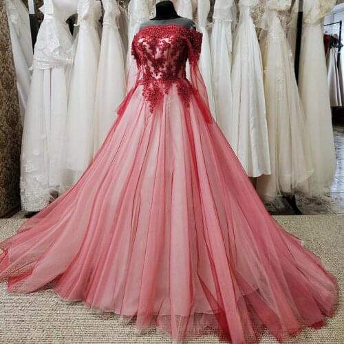 Elegant Red Prom Dresses Long Sleeve Tulle Zipper Back Appliques Formal Evening Party Gowns Beauty Pageant Dresses 2021