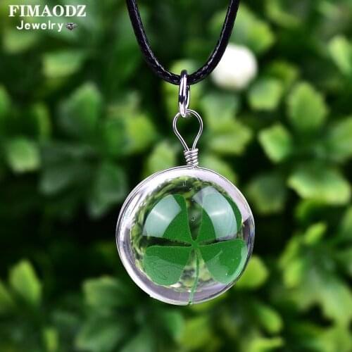 FIMAODZ Lucky Four Leaf Clover Necklace Dried Flower Plant Transparent Pendant Rope Chain Necklace for Women Kids Gift